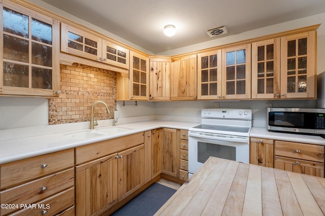 kitchen featuring decorative backsplash, electric range, and sink