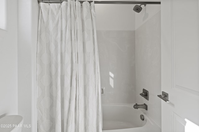 full bathroom with shower / bathtub combination with curtain