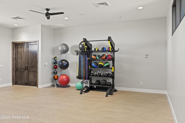 exercise room with visible vents and baseboards