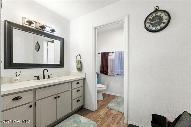 bathroom with vanity, wood-type flooring, and toilet