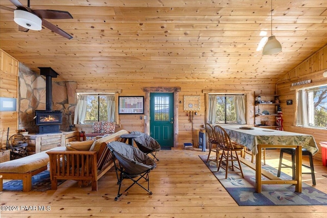 living room featuring a wood stove, a wealth of natural light, and light hardwood / wood-style flooring