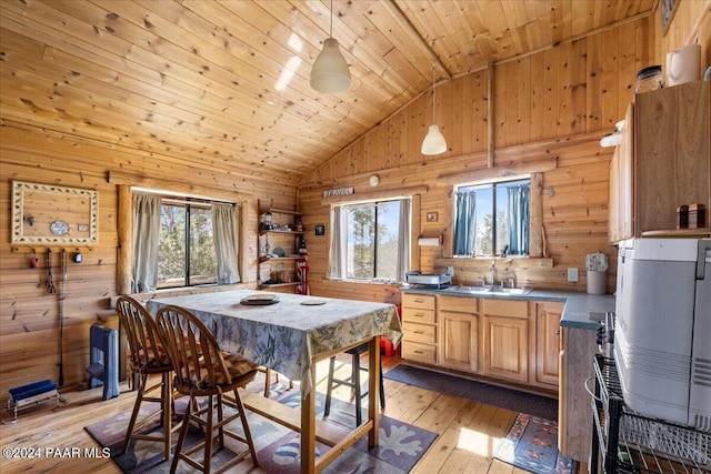 kitchen with plenty of natural light, wooden ceiling, decorative light fixtures, and light wood-type flooring