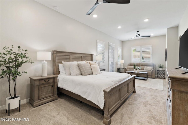 bedroom with light colored carpet, recessed lighting, and ceiling fan