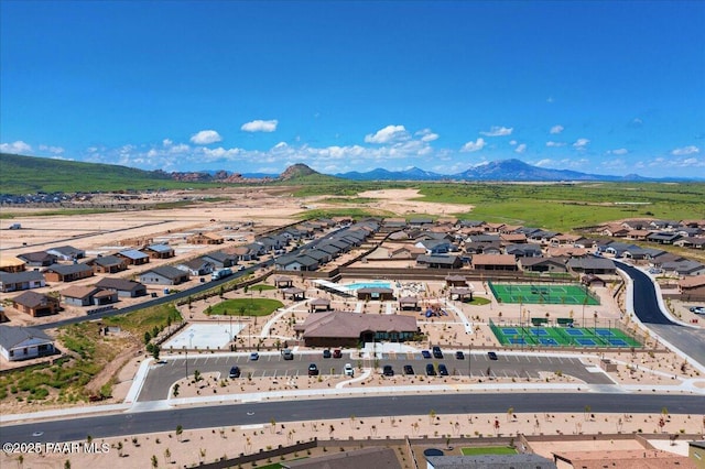 aerial view with a mountain view and a residential view