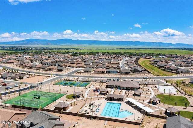 aerial view featuring a residential view and a mountain view