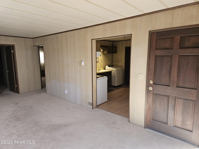 unfurnished room with washer / clothes dryer, crown molding, and light colored carpet