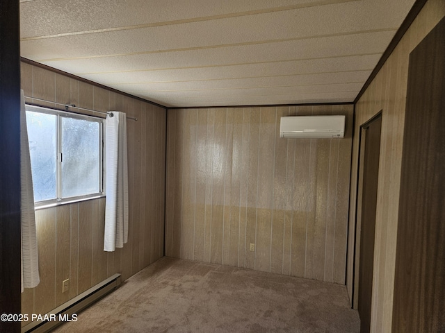 carpeted spare room with a baseboard radiator, an AC wall unit, crown molding, and wood walls