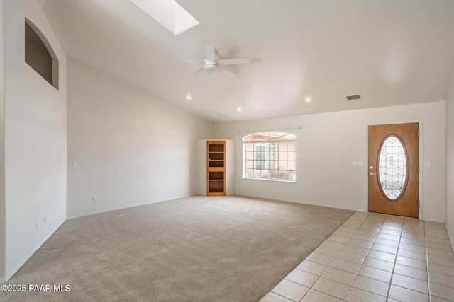 920 Heather Ln, Chino Valley, AZ 86323 - foyer featuring lofted ceiling, a ceiling fan, light colored carpet, light tile patterned floors, and recessed lighting