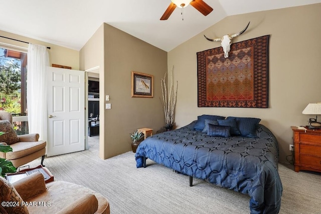 bedroom featuring ceiling fan, light carpet, and vaulted ceiling