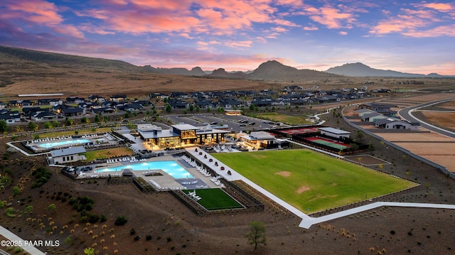 aerial view at dusk with a mountain view