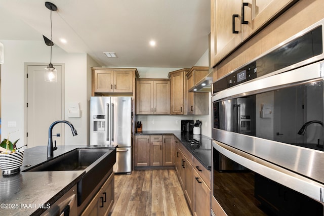 kitchen with appliances with stainless steel finishes, hardwood / wood-style floors, decorative light fixtures, sink, and wall chimney exhaust hood