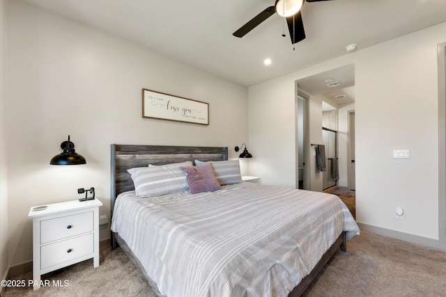 carpeted bedroom featuring ceiling fan