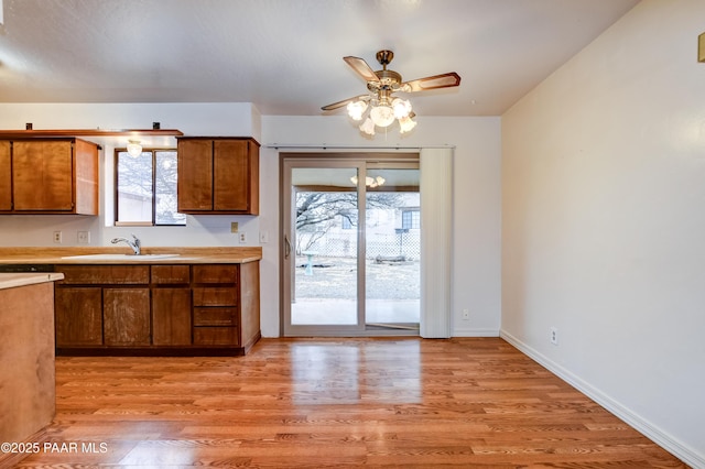 kitchen featuring sink, ceiling fan, and light wood-type flooring