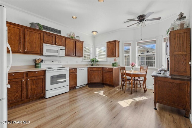 kitchen featuring white appliances, light wood-type flooring, sink, ornamental molding, and ceiling fan