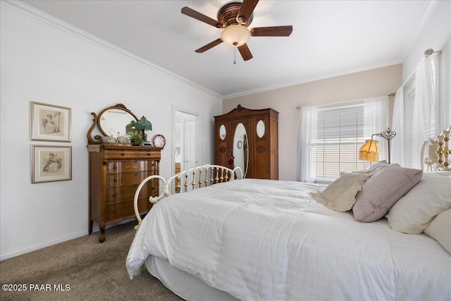 carpeted bedroom with crown molding and ceiling fan