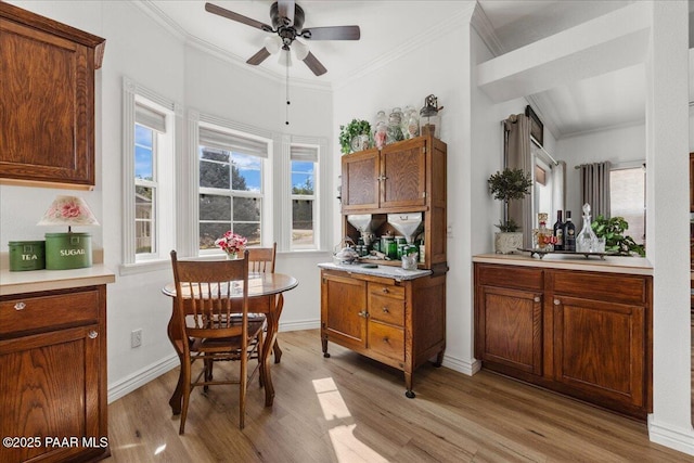 kitchen featuring plenty of natural light, crown molding, and light wood-type flooring