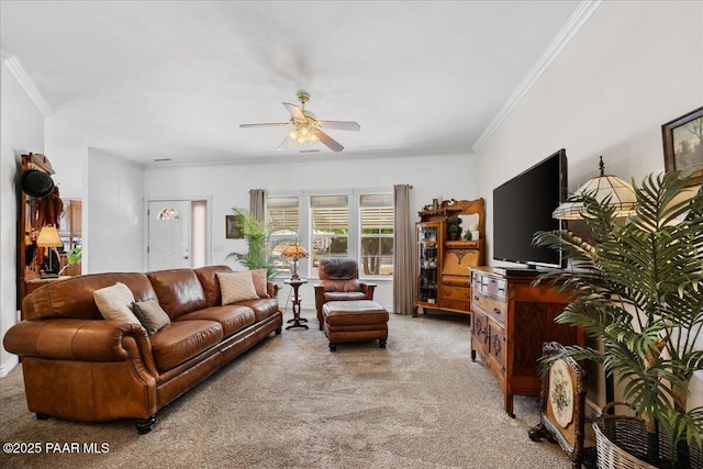 living room with ceiling fan, ornamental molding, and light carpet