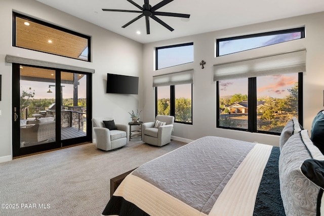 15425 N Talking Rock Ranch Rd, Prescott, AZ 86305 - carpeted bedroom with access to outside, recessed lighting, a high ceiling, and ceiling fan