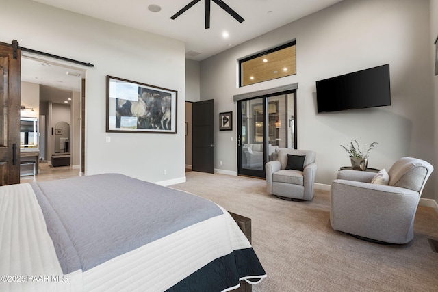 15425 N Talking Rock Ranch Rd, Prescott, AZ 86305 - bedroom with light carpet, a barn door, recessed lighting, a ceiling fan, and access to outside