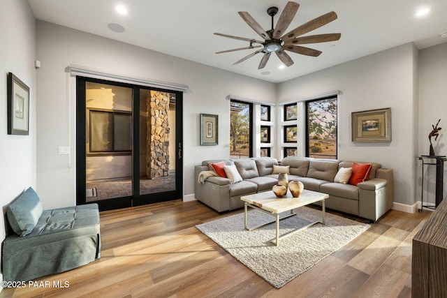 15425 N Talking Rock Ranch Rd, Prescott, AZ 86305 - living room featuring a ceiling fan, light wood finished floors, and recessed lighting