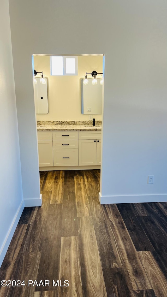 bathroom with vanity and wood-type flooring