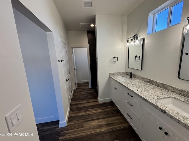 bathroom with vanity and hardwood / wood-style floors