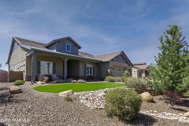 5220 Peavine View Trl, Prescott, AZ 86301 - craftsman inspired home featuring fence, a front yard, stucco siding, board and batten siding, and an attached garage
