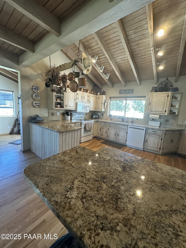 13502 S Burton Rd, Mayer, AZ 86333 - kitchen with white appliances, open shelves, wooden ceiling, light wood-type flooring, and decorative backsplash