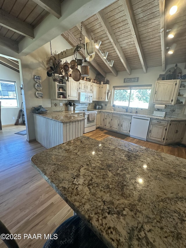13502 S Burton Rd, Mayer, AZ 86333 - kitchen with white appliances, open shelves, tasteful backsplash, wooden ceiling, and light wood-type flooring