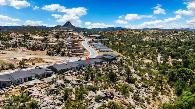 birds eye view of property featuring a mountain view and a residential view