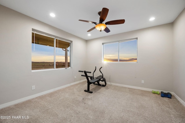 16025 N Hereford Rd, Chino Valley, AZ 86323 - workout room with healthy amount of natural light, carpet floors, a ceiling fan, recessed lighting, and baseboards