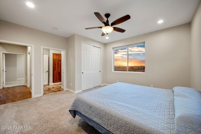 16025 N Hereford Rd, Chino Valley, AZ 86323 - bedroom with carpet floors, recessed lighting, baseboards, ceiling fan, and a closet
