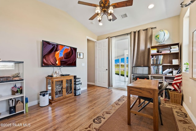 office space with ceiling fan, recessed lighting, baseboards, wood finished floors, and visible vents