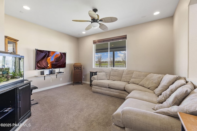 living area with baseboards, recessed lighting, carpet, and ceiling fan