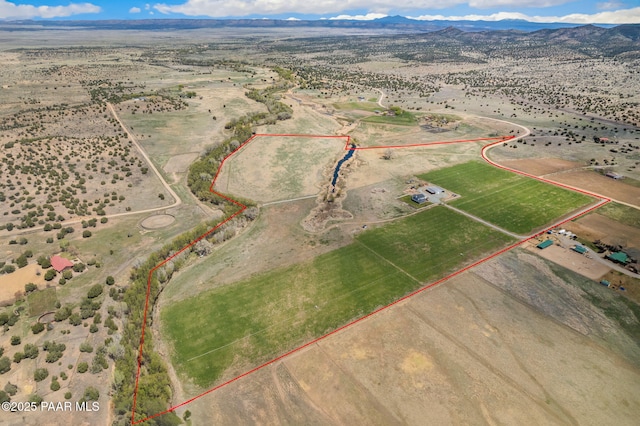 birds eye view of property featuring a rural view, a mountain view, and a desert view