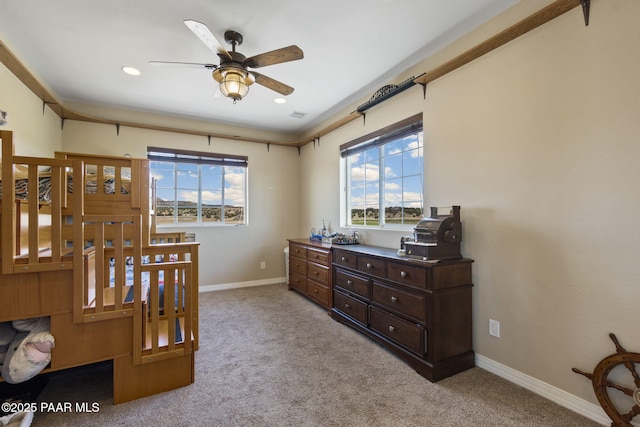 bedroom featuring recessed lighting, baseboards, visible vents, and light carpet