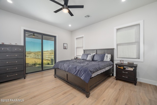 bedroom featuring light wood-style flooring, recessed lighting, visible vents, baseboards, and access to outside