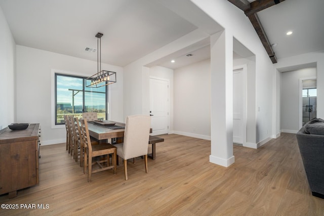 dining area with light wood-style flooring, visible vents, baseboards, and recessed lighting