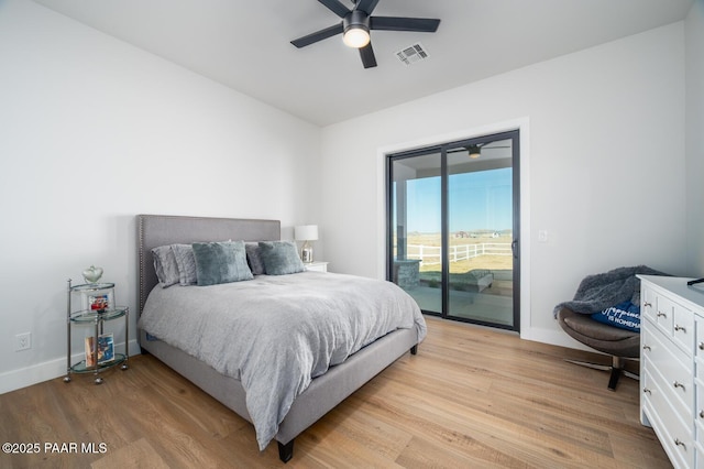 bedroom featuring access to exterior, light wood-type flooring, visible vents, and baseboards