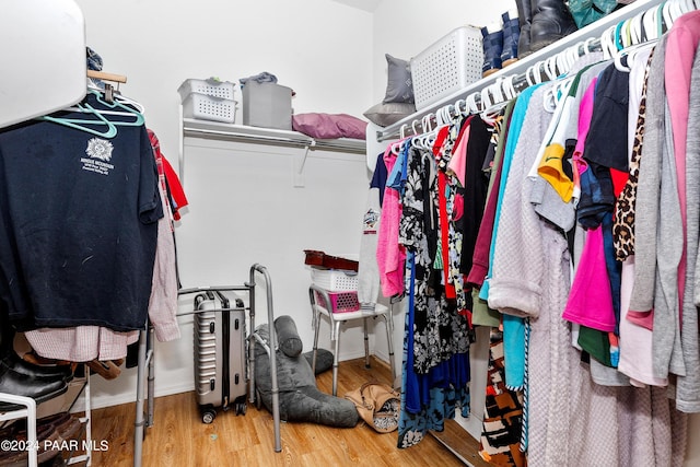 walk in closet with wood finished floors