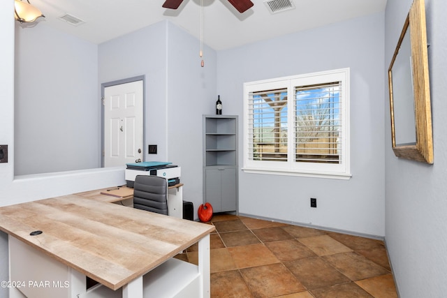 home office with visible vents and a ceiling fan