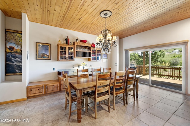 dining area with light tile patterned floors, wooden ceiling, and a notable chandelier