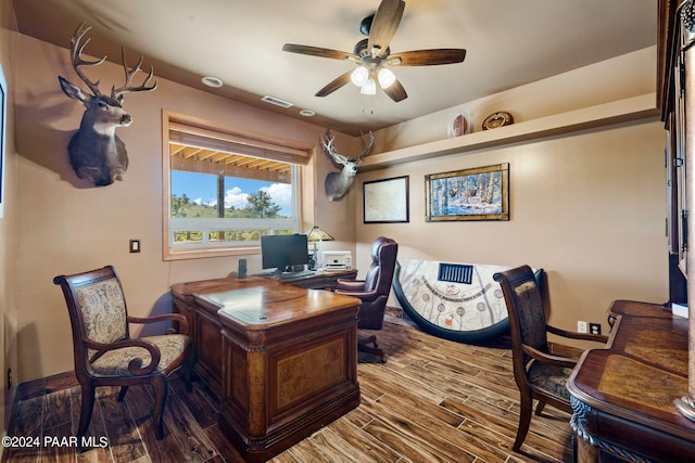 office area with hardwood / wood-style flooring and ceiling fan