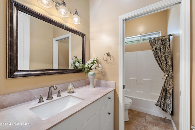 full bathroom with tile patterned floors, vanity, toilet, and shower / bathtub combination with curtain