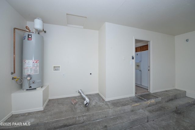 laundry room featuring gas water heater, baseboards, electric dryer hookup, laundry area, and washer hookup