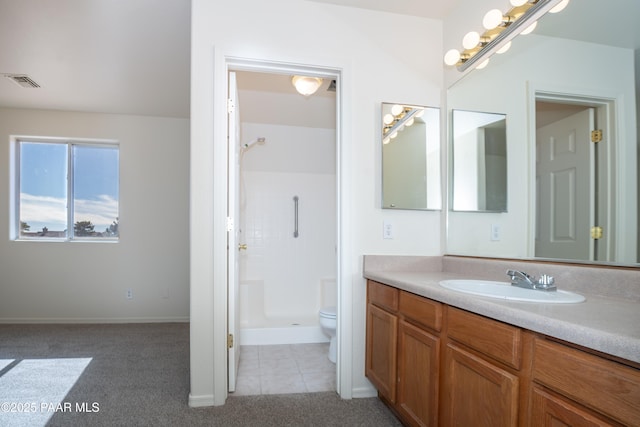 full bathroom featuring visible vents, walk in shower, toilet, vanity, and tile patterned flooring