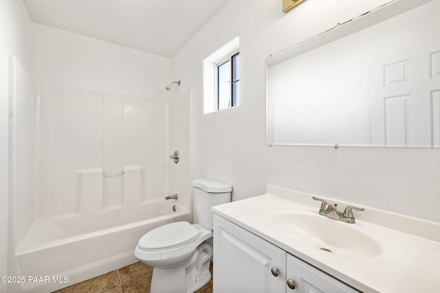 bathroom featuring vanity,  shower combination, toilet, and tile patterned floors