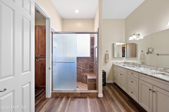 bathroom featuring vanity, wood-type flooring, and a shower with door