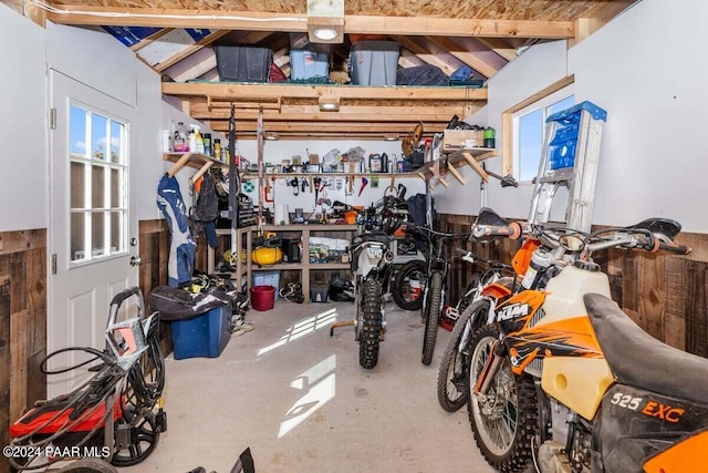 garage with a workshop area