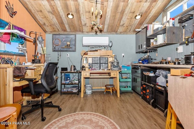 office area featuring a workshop area, wooden ceiling, lofted ceiling, and light wood-type flooring